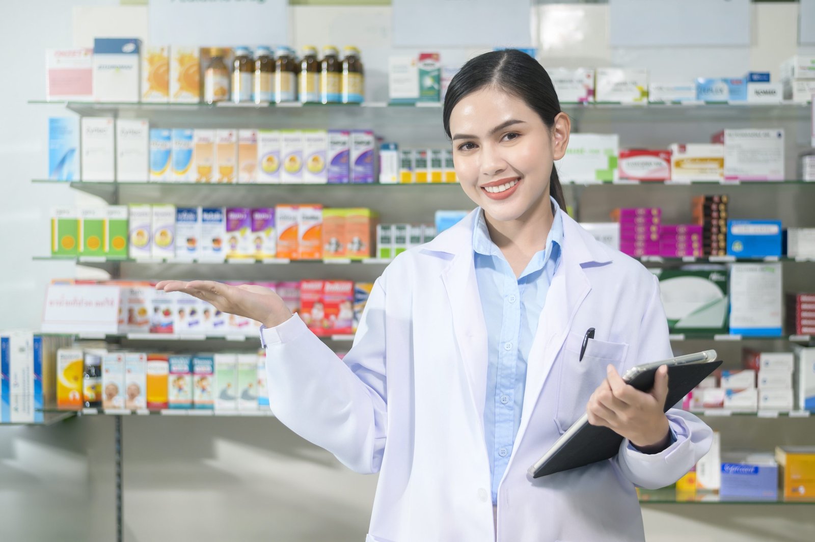 A Portrait of female pharmacist using tablet in a modern pharmacy drugstore.